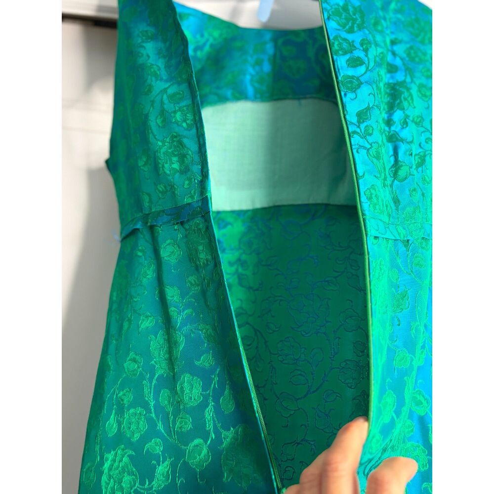 Vintage Late 1960s Emerald & Turquoise Floral Brocade Empire Waist Formal Gown S - Picture 7 of 12